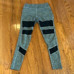 POPFOT WOMEN LEGGINGS ACTIVEWEAR GRAY WITH BLACK MESH STRIPES SIZE MEDIUM